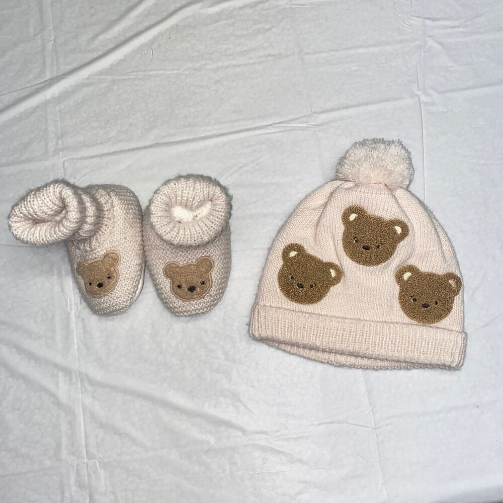 M&S Marks & Spencer Pink Teddy Bear Beanie Hat & Booties Baby Girls 0-3 Years